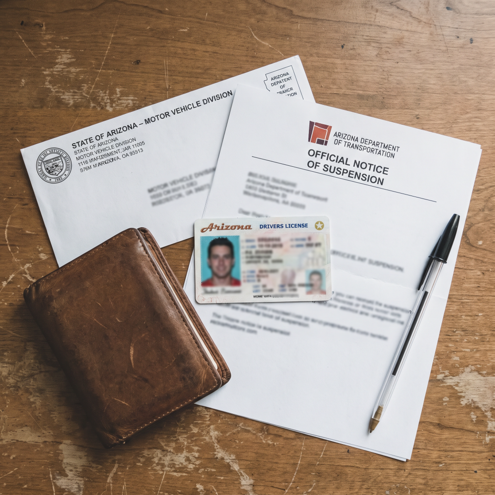 Arizona MVD suspension notice and driver's license, representing DUI court and MVD requirements